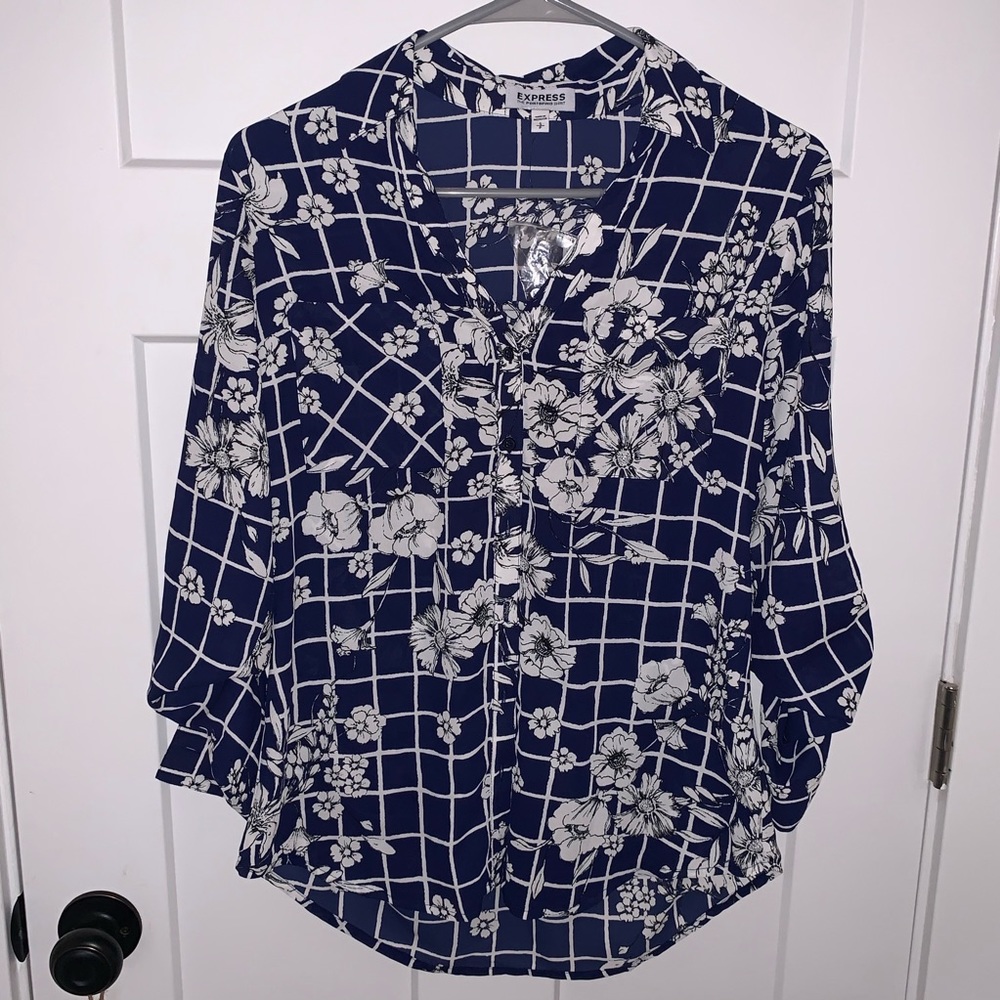 Express Portofino Grid Floral Blouse Patterned New